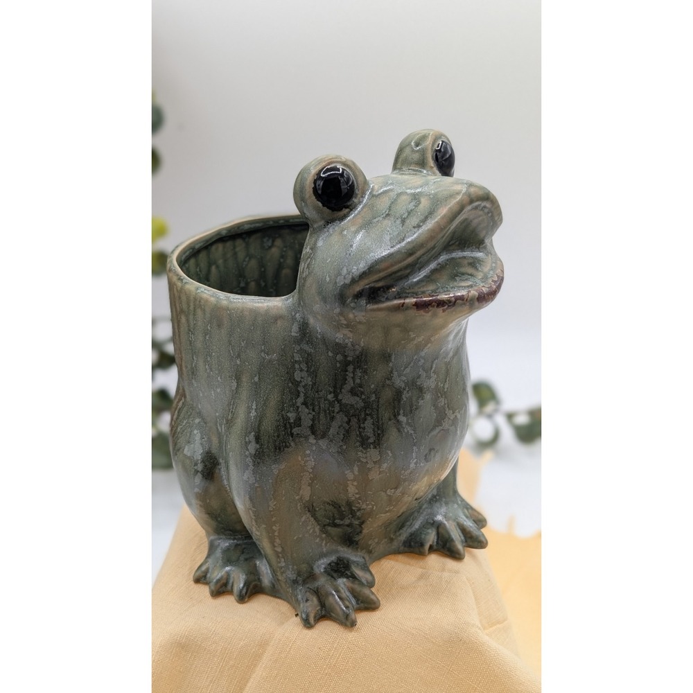 Green Frog Planter Eclectic, BOHO Ceramic Pottery Glaze Frog